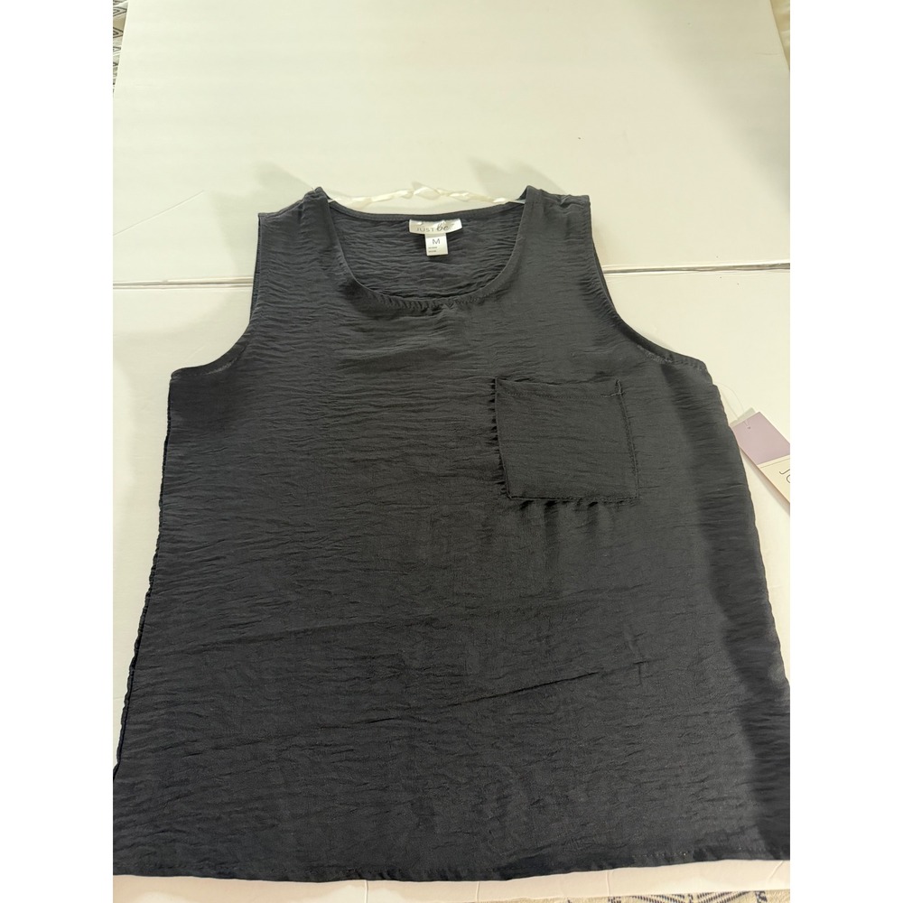 Just Be Women Black Crinkle Textured Sleeveless Tank Top Scoop Neck Pocket M NWT